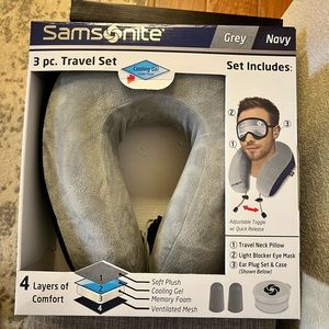 A/ Samsonite 3pc Travel Neck Pillow. Includes Eye Mask and ear plugs with case.